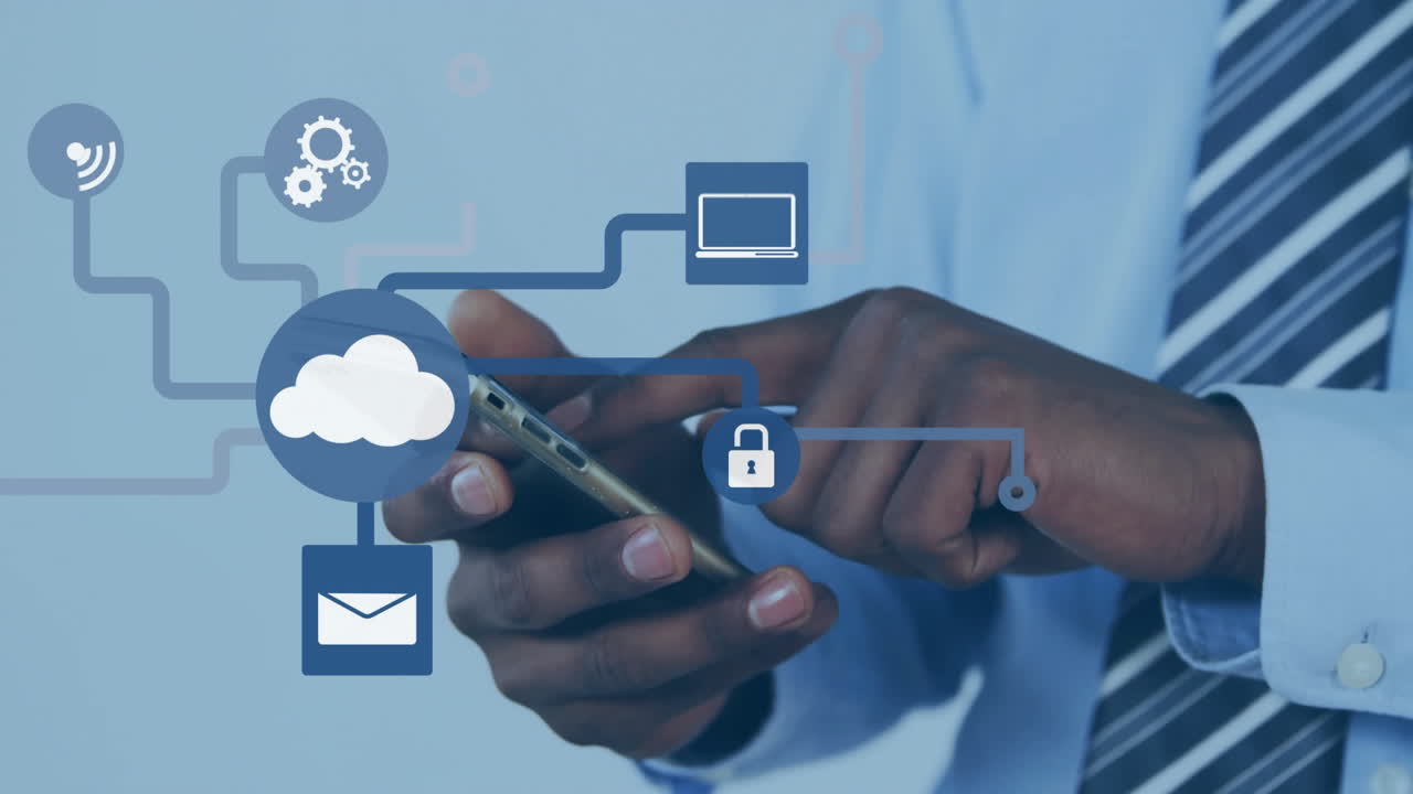 Using smartphone, person interacting with cloud computing and data security animation