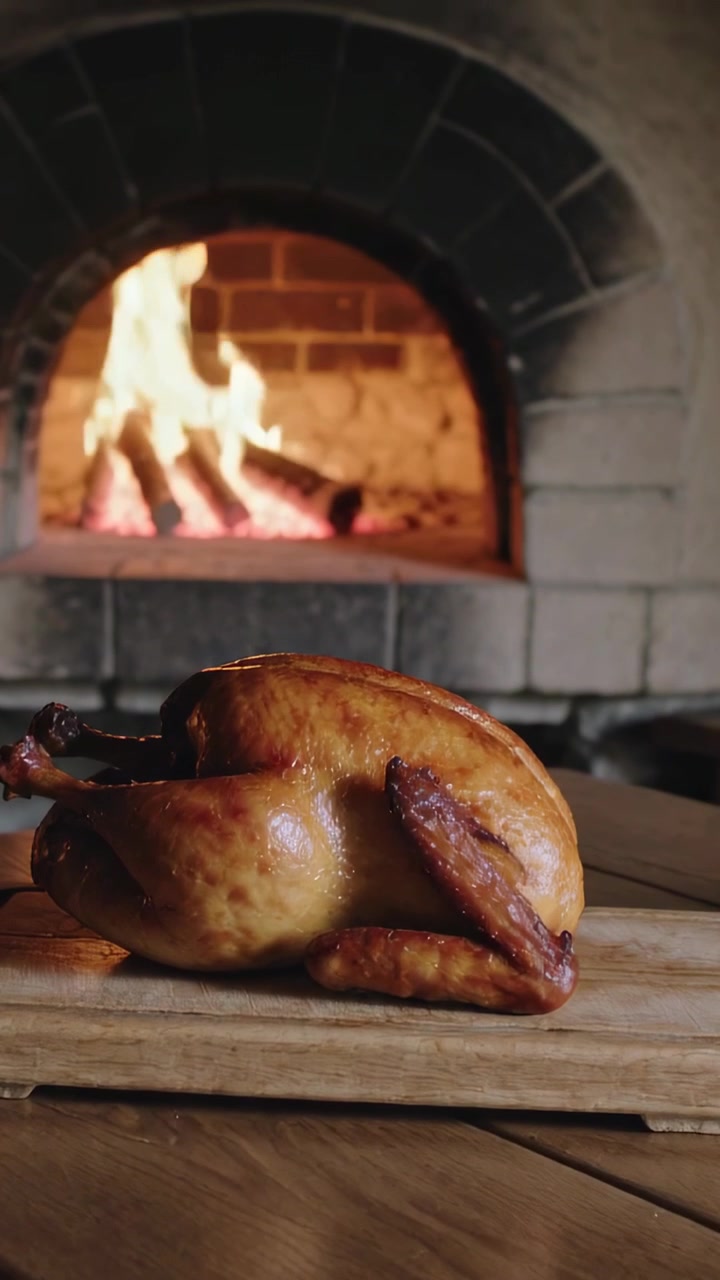 Vertical video: Resting whole roasted chicken on wood board after brick oven roast with flames