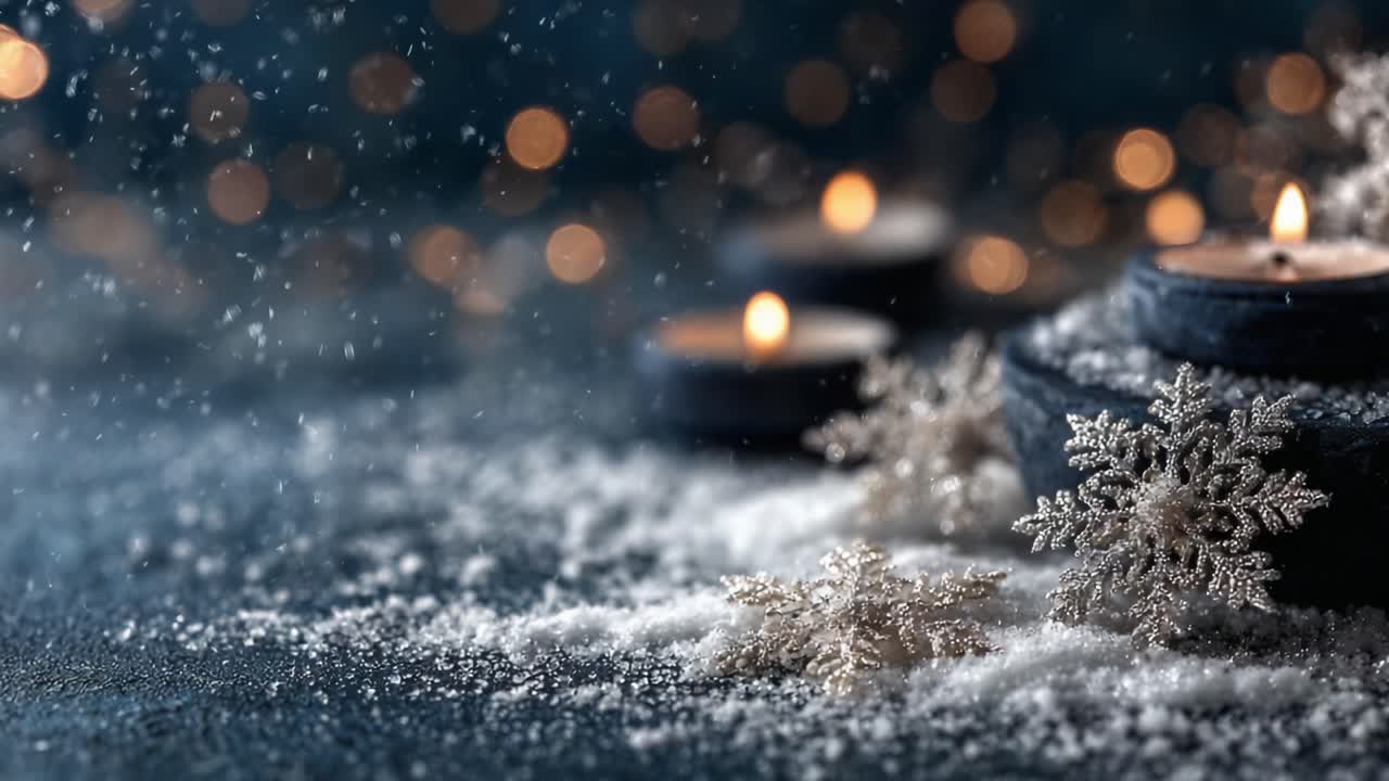 A Cozy Winter Scene with Candles, Snowflakes, and Gentle Bokeh Lights Creating a Magical Atmosphere for the Holiday Season and Restful Evenings