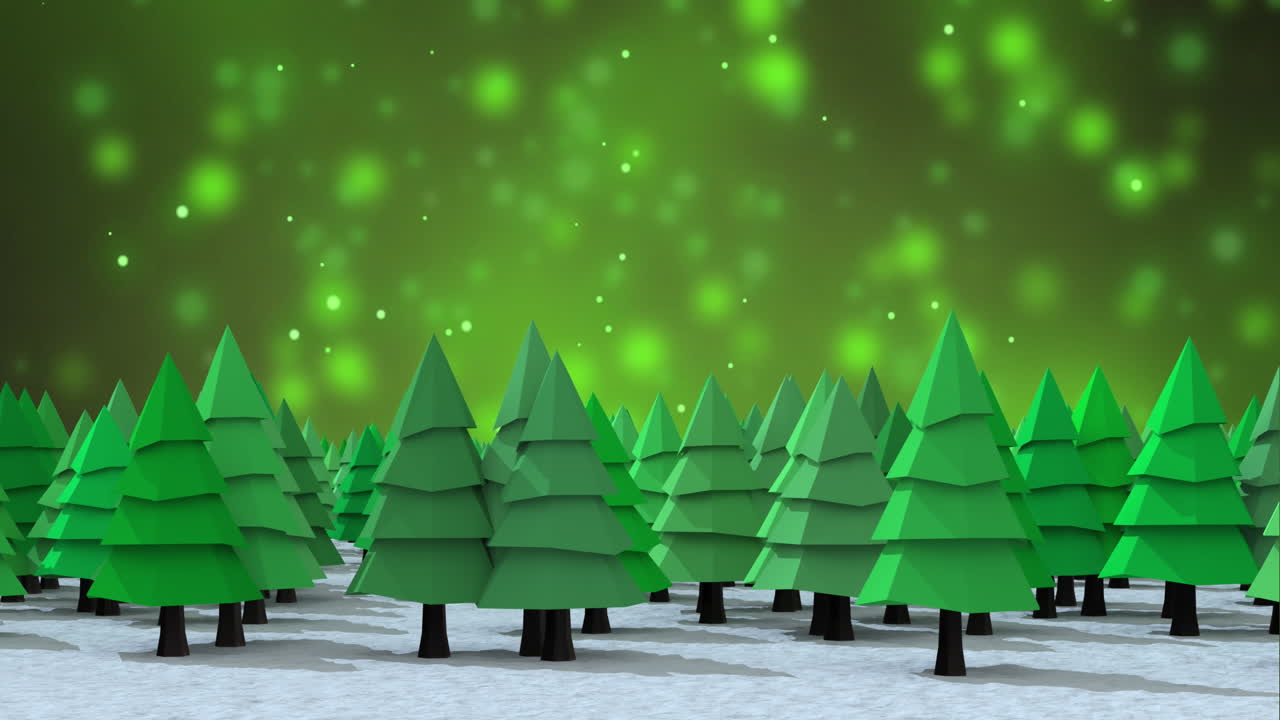 Animation of christmas tree and spots of light on green background