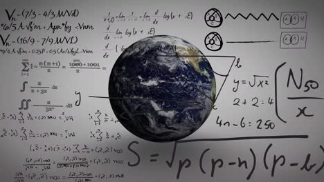 Animation-Mathematischer-Formeln-über-Dem-Globus-Auf-Grauem-Hintergrund
