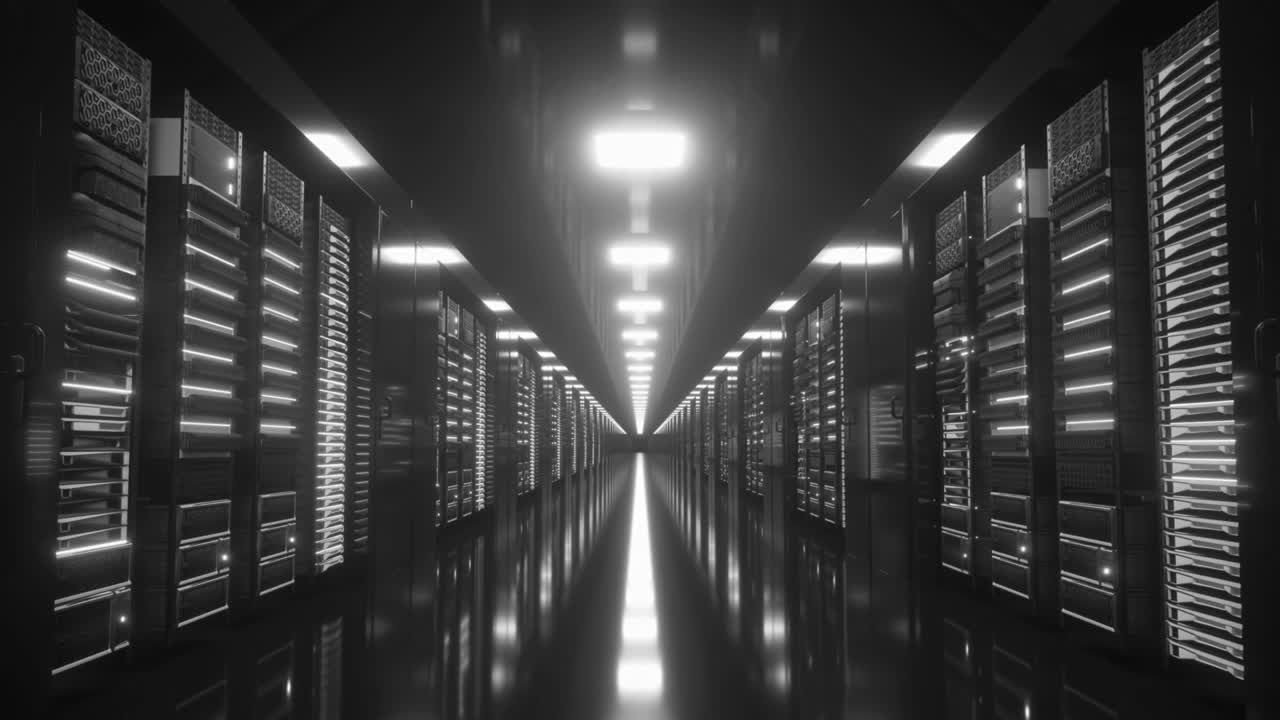 Black Server Room in modern data center. Cloud computing data storage