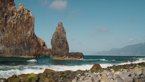 Sea-Stacks-at-Ribeira-da-Janela-beach,-near-Port-Moniz,-Madeira-Island,-Portugal---wide,-static-shot