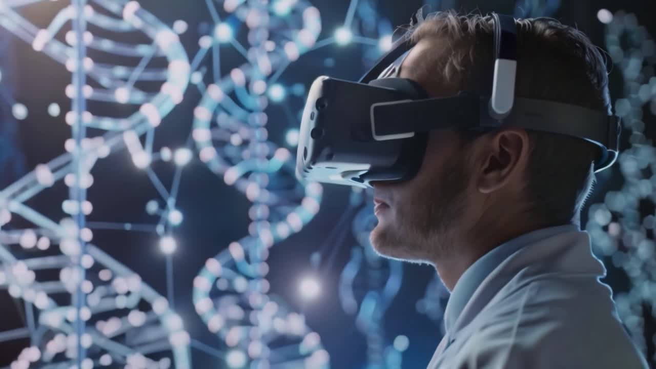 Man in VR Headset Exploring Digital DNA Environment