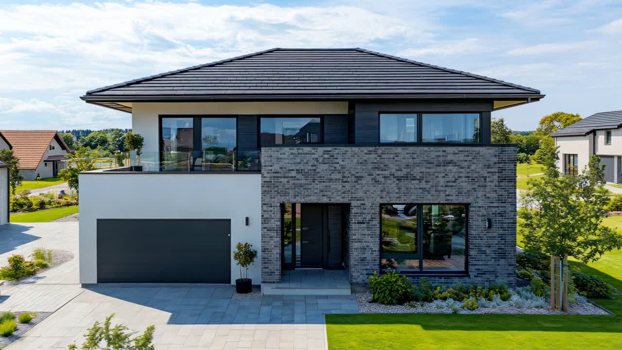 Casa moderna de dos pisos con diseño elegante, capturada desde una vista de ángulo alto