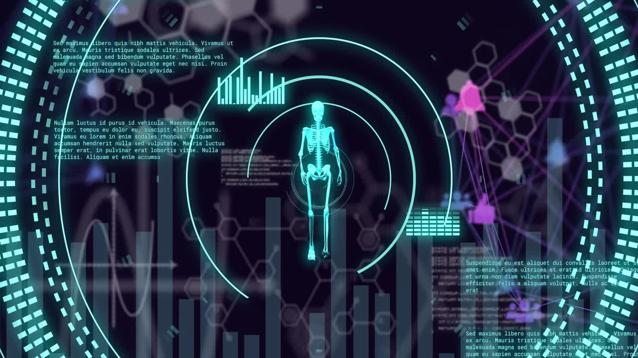 어두운 배경 위에 과학 데이터 처리 및 골격의 애니메이션