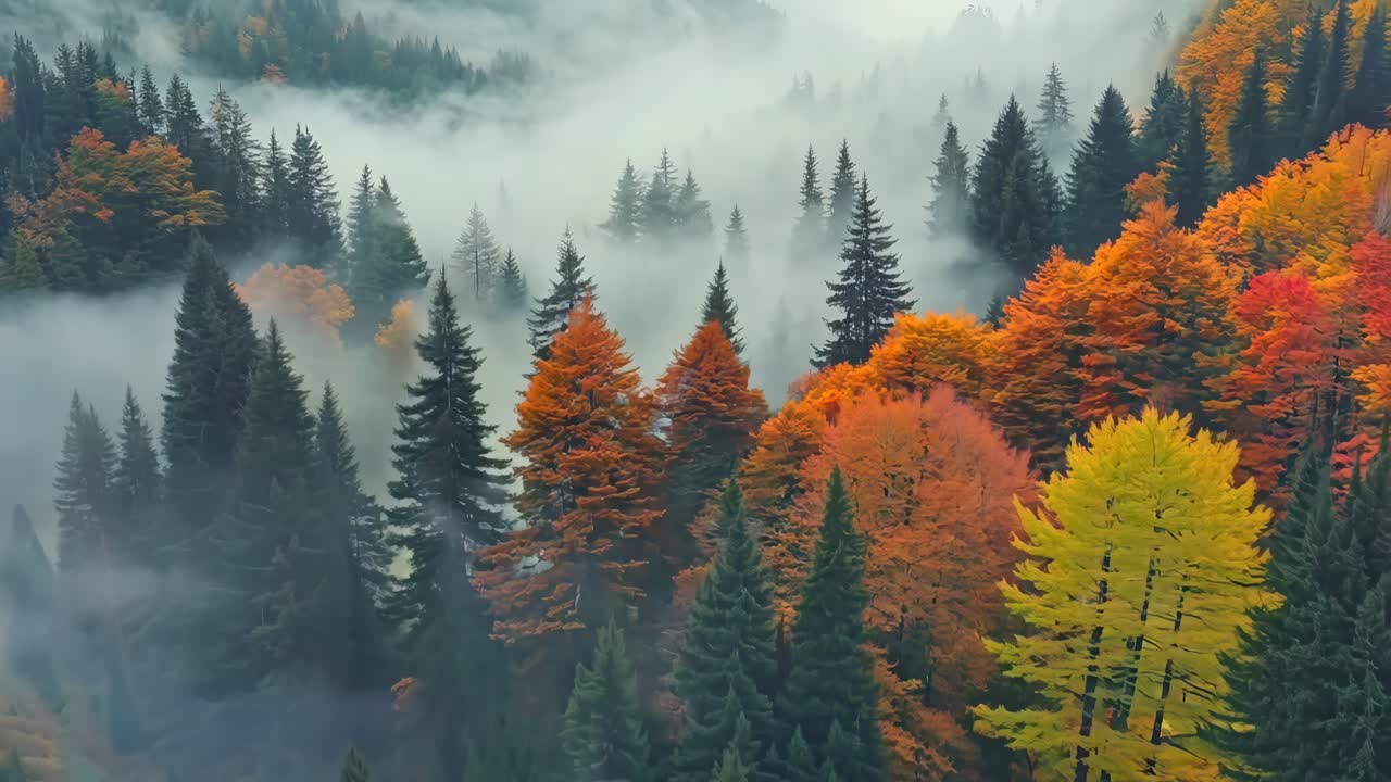 A foggy forest filled with lots of trees covered in colorful trees