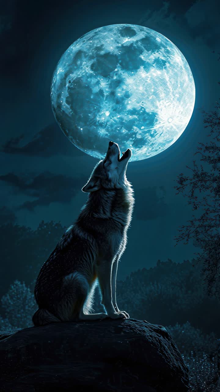 A wolf howling at a full moon, captured from a low angle. The scene is dramatic and cinematic