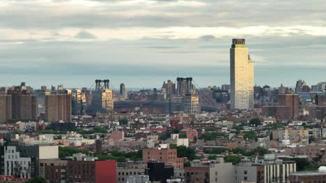 aerial view of the williamsburg bridge on an overcast morning. shot in brooklyn, new york