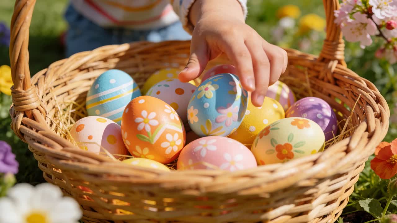 Mano di bambino che solleva un uovo blu da un cesto di vimini in giardino, riordinando le uova decorate per scopi di marketing