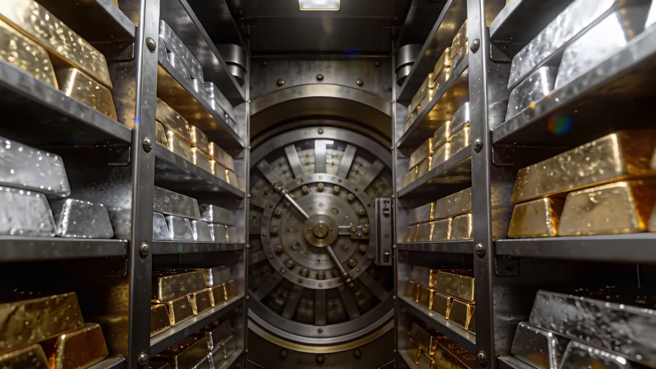 Moving camera toward vault door in vault corridor, inspecting rivets on gold and silver bars
