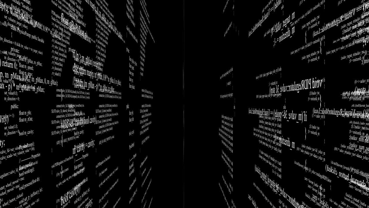 blokken programmacode die in de virtuele ruimte vliegen