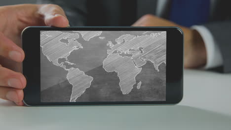 digital generated video of businessman holding mobile phone with world map 4k