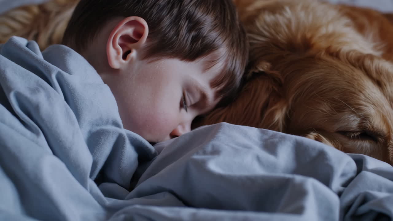 A young child and a golden retriever sleeping soundly together