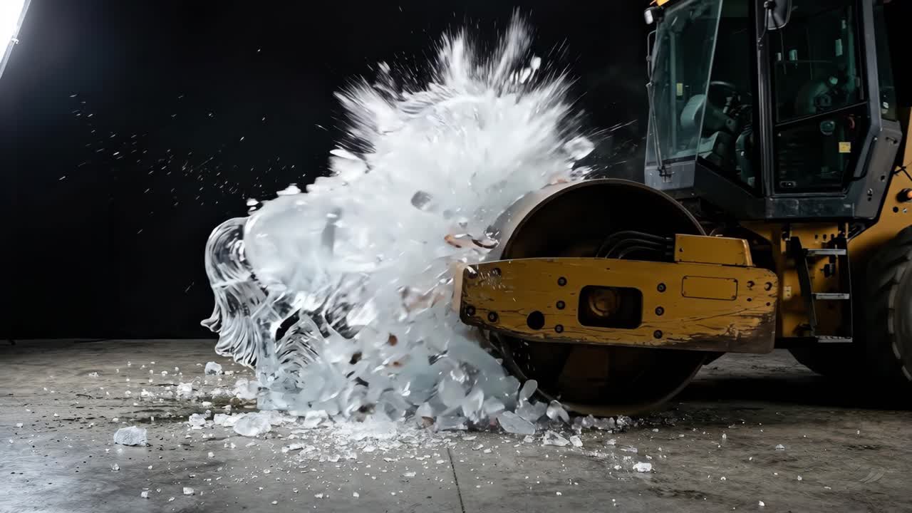 Vejtromle knuser isskulptur af en hest i slow motion