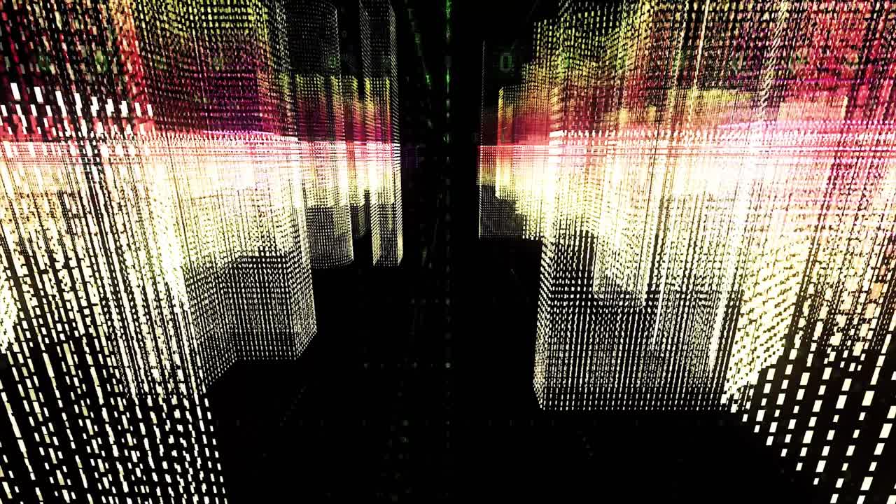 paisaje urbano futurista abstracto con líneas brillantes y código binario