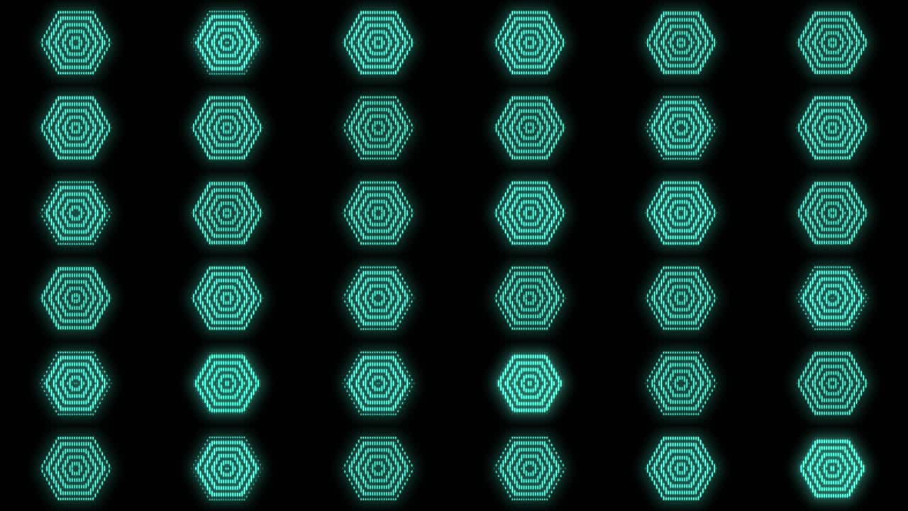 Neon hexagons pattern on black gradient