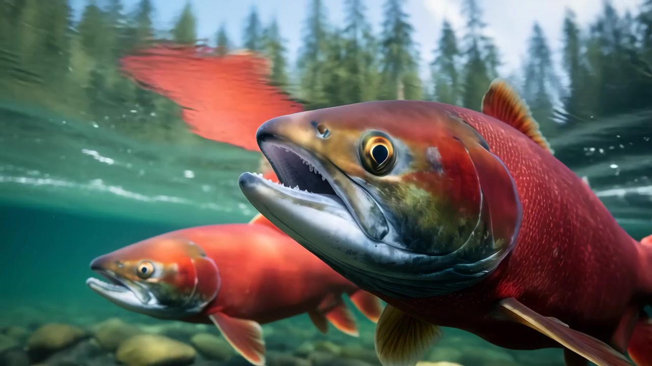 Salmone rosso che nuota controcorrente in acque limpide di fiume.