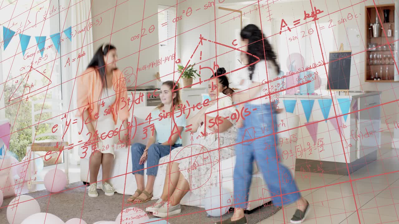 Standing woman entering with baby greeting moms at baby shower, red grid overlaying group with math