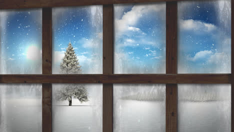 Animation-of-snow-falling-and-christmas-tree-in-winter-scenery-seen-through-window