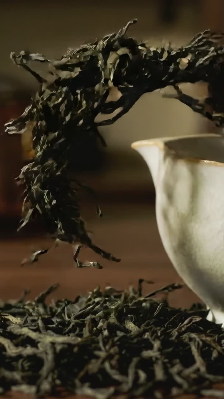 縦型動画：テーブルの上の白いカップに茶葉を入れ、ケトルから立ち上る蒸気がお茶の抽出を開始する。