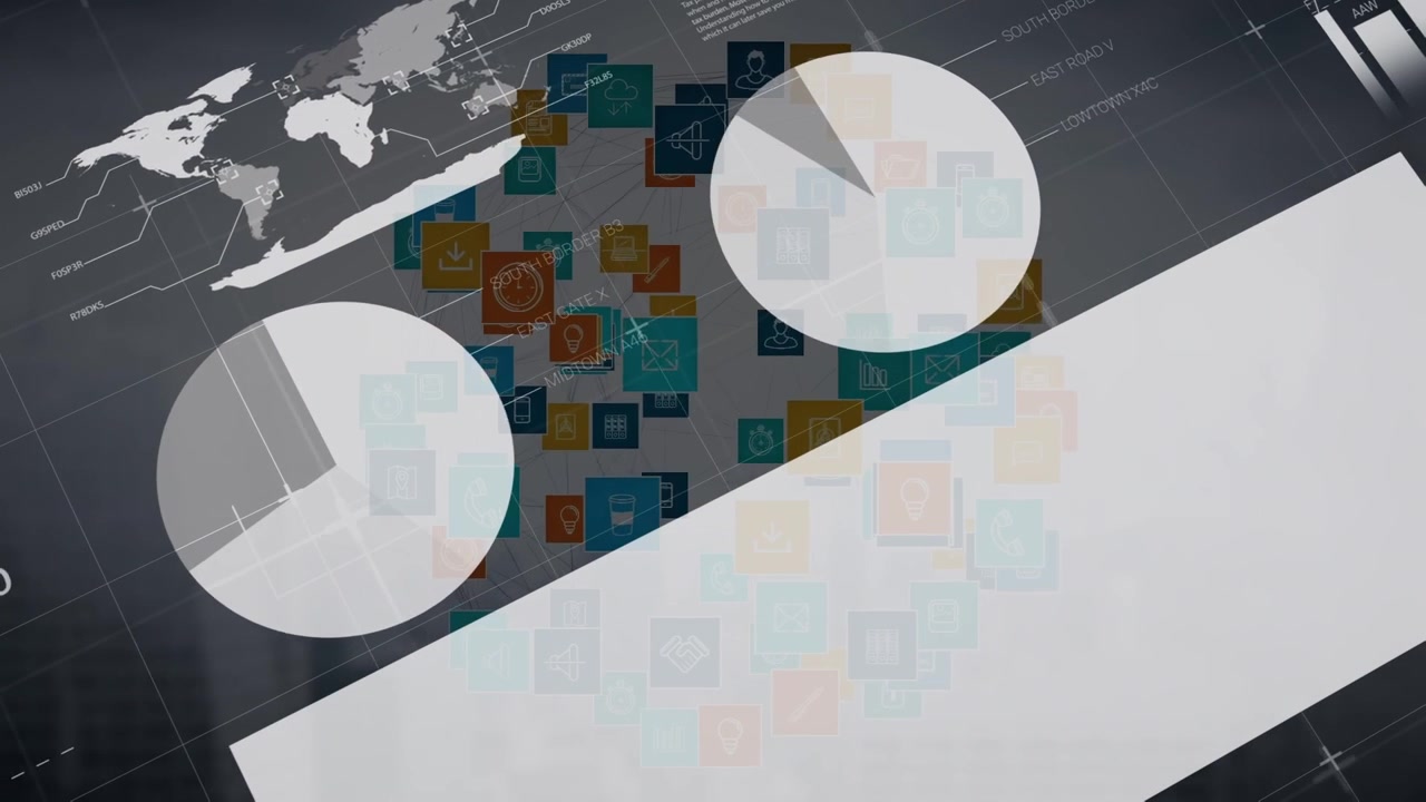 Animation of financial data over connections with technology icons