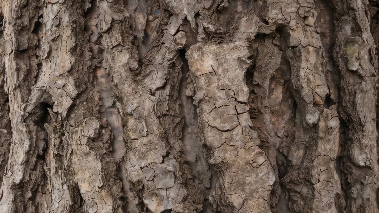 Panning della camera per rivelare un tronco maturo con fessure profonde e un fianco destro liscio all'esterno