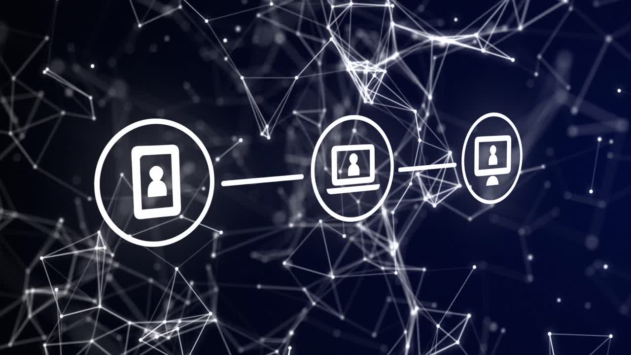 animación de tres iconos de interfaz de computadora digital blancos con estructura de plexo sobre fondo azul