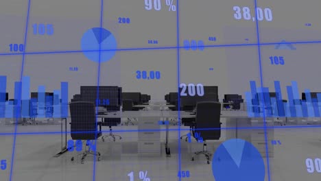 animación del procesamiento de datos estadísticos a través de la red de red contra una oficina vacía
