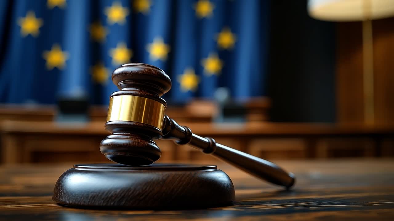 Courtroom gavel with European Union flag. A wooden gavel rests on a podium in a courtroom setting, with the European Union flag displayed in the background.