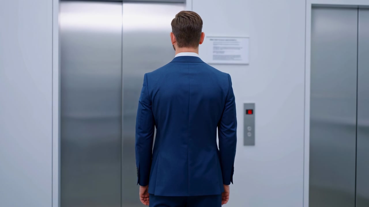 A businessman stands in a modern office building elevator interior, captured from a neutral third-person perspective behind him. He is dressed in a blue suit jacket and white shirt.