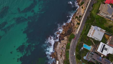 Birds-Eye-View-Of-Calga-Place-Road-And-Oceanside-Pool-Of-Bronte-Baths-In-New-South-Wales,-Australia