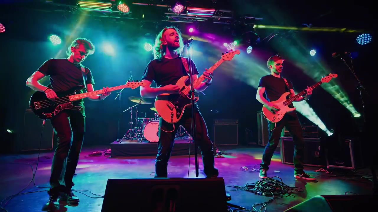 Rockeband opptrer live på scene med fargerik belysning
