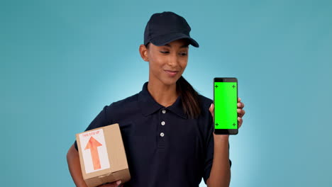 happy woman, delivery and box with phone green