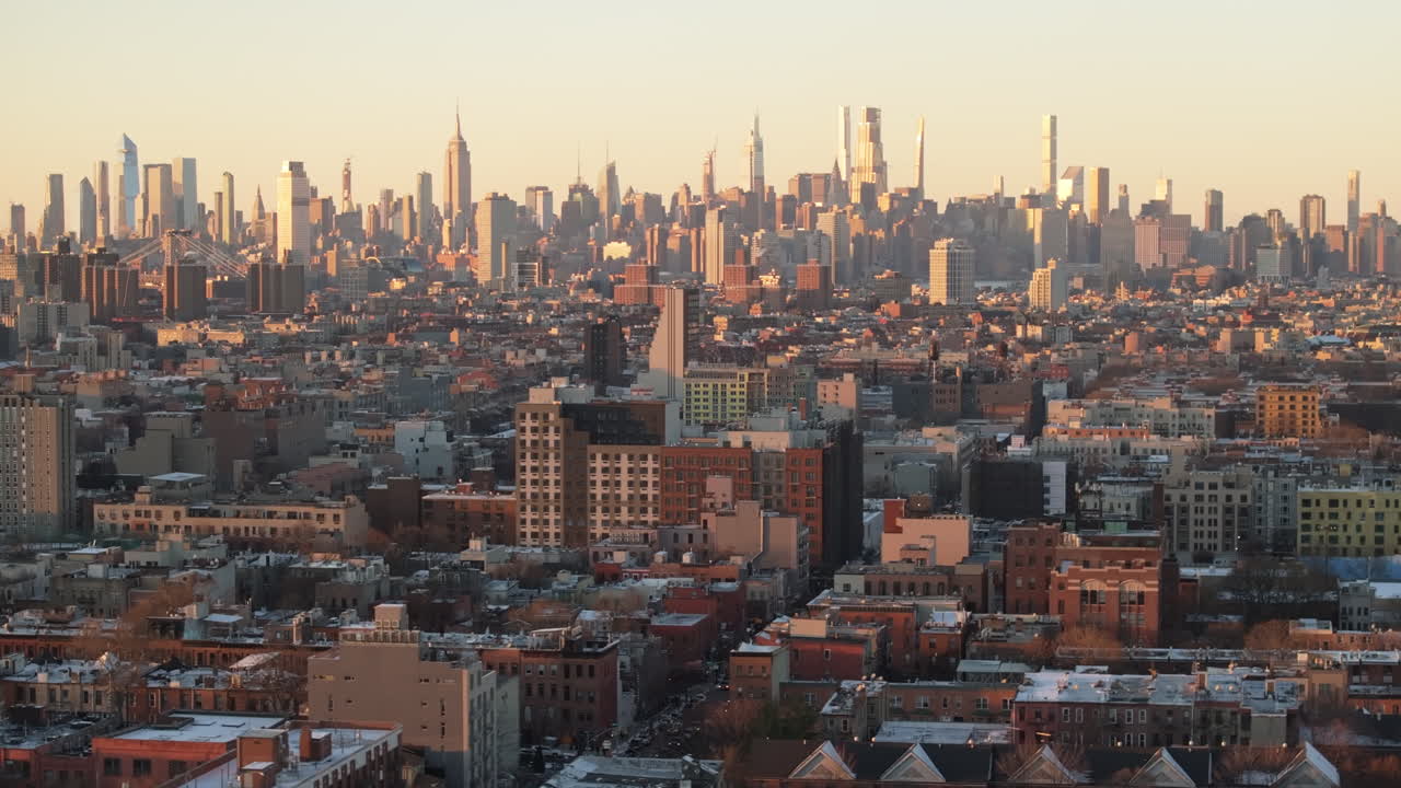 Aerial view of the Manhattan skyline on a winter evening. Shot in Bedford-Stuyvesant, Brooklyn