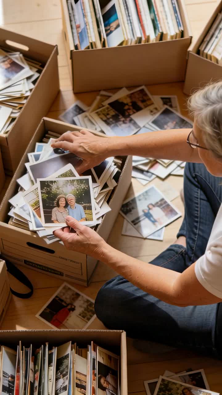 Woman Sorting Through Old Family Photographs in Cardboard Boxes