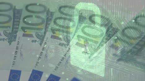 animation of changing numbers and security padlock over hand stacking euro banknotes