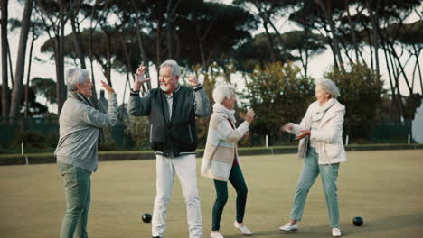 bowls, high five and celebration with senior