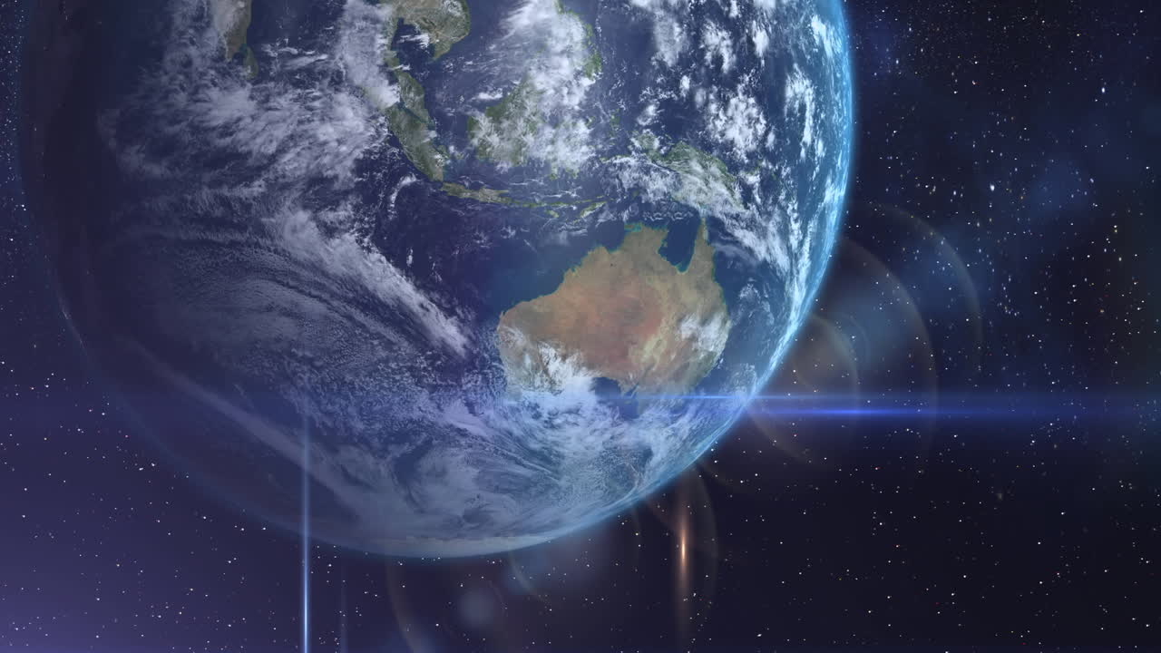 анимация планеты земля во вселенной и голубые светящиеся световые следы, видные из космоса