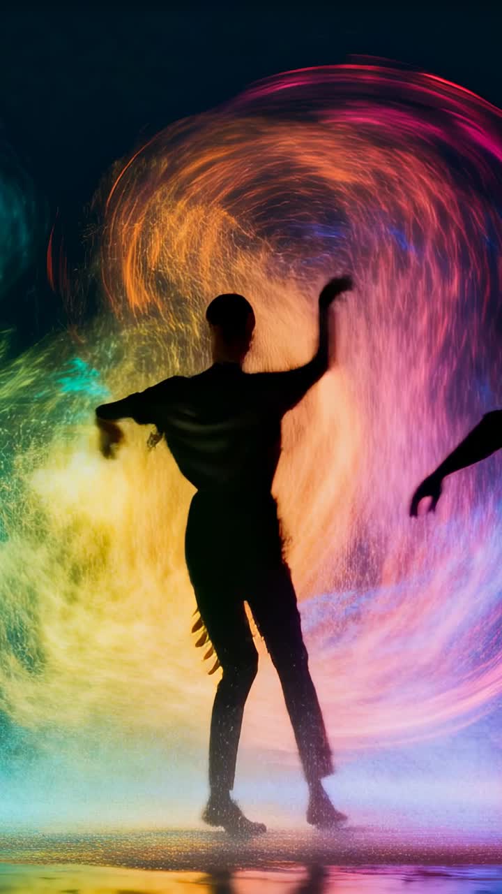 Video verticale: Ballerino principale che si muove e reagisce a un vortice proiettato, ruotando sul palco con gli stivali.