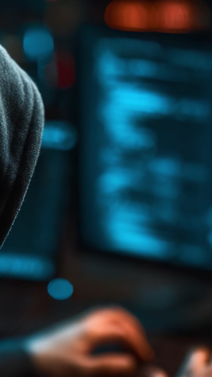 Intriguing Cyber Scene: A Mysterious Figure in a Hoodie Engaging with Dual Monitors Overflowing with Code and Data in a Dimly Lit Environment
