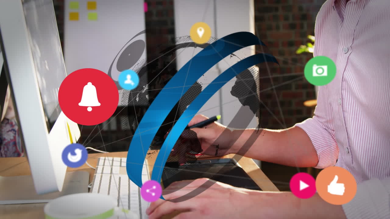 animación de la red de conexiones con iconos sobre empresario caucásico