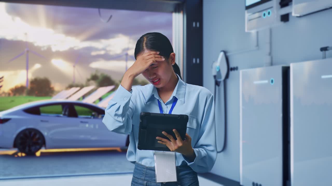Asian Female With Her Tablet With Home Energy Storage System In a Modern Garage, She Is Nodding Her Shead With Dissapionted