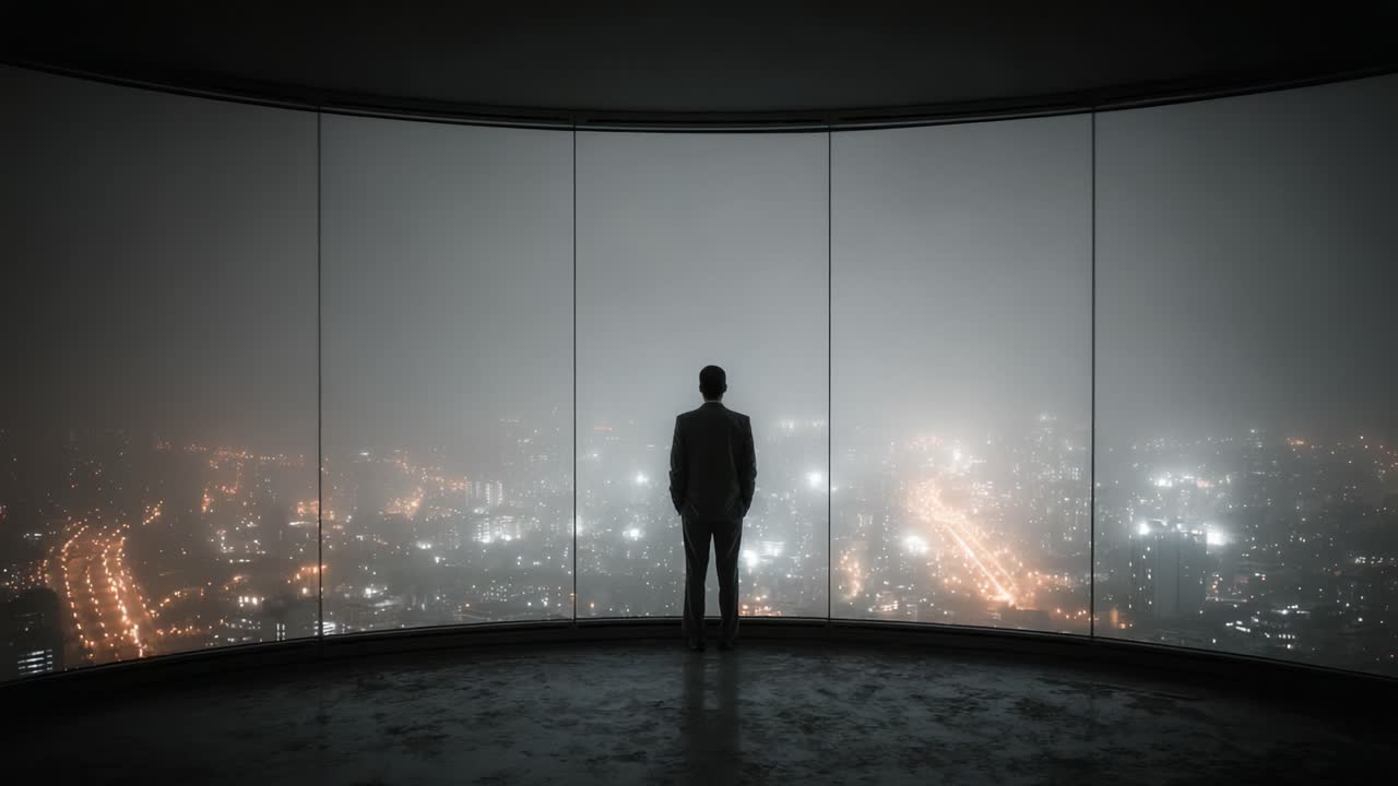 A Contemplative Figure in a Suit Stands Before a Foggy Cityscape, Gazing Out from a Modern High-Rise Window, Illuminated by City Lights Against the Night Sky
