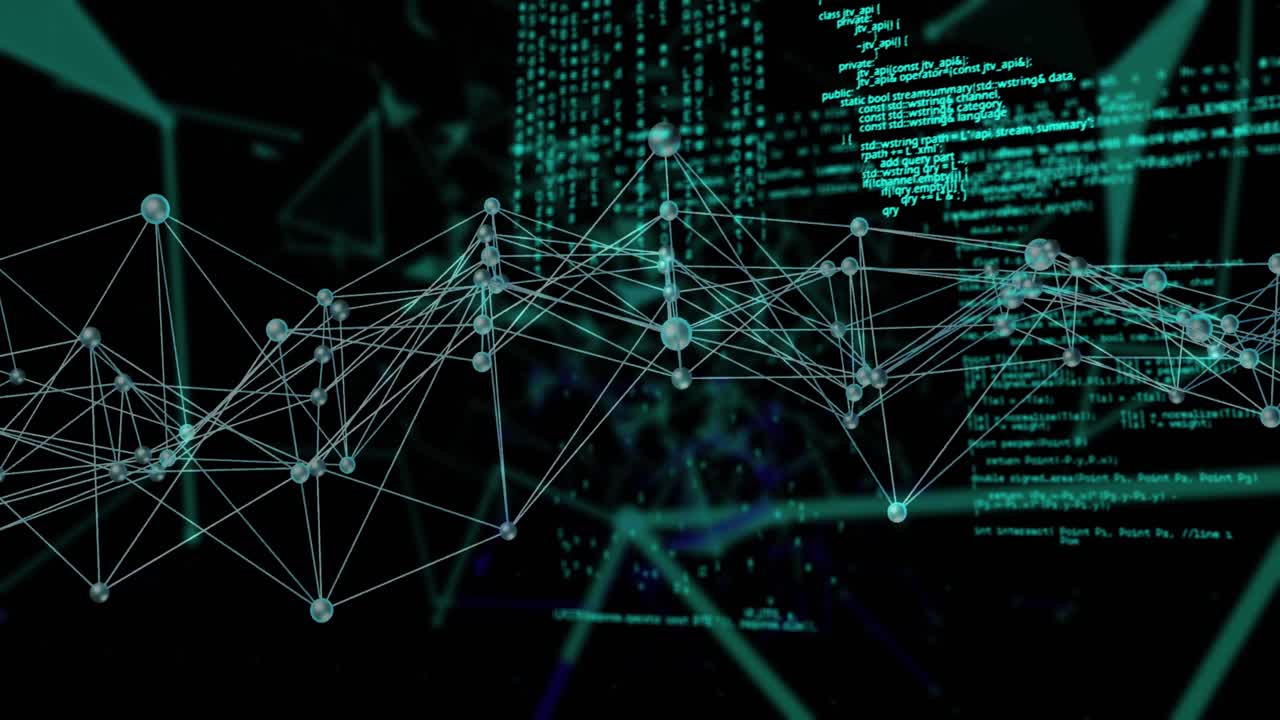At start glowing nodes pulsing and rotating while code panels merging visualizing data flow network