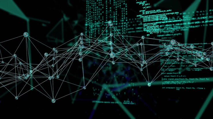 At start glowing nodes pulsing and rotating while code panels merging visualizing data flow network