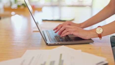 Remote-work,-hands-of-woman-at-kitchen-counter