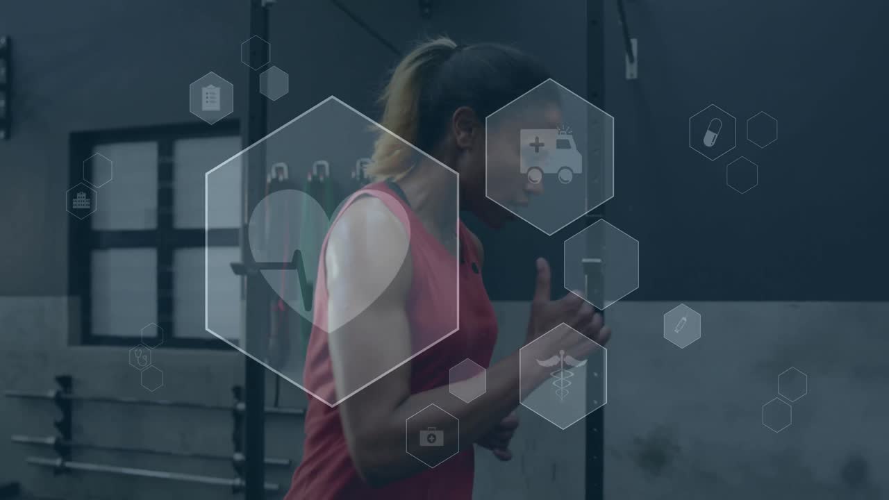 animación de iconos médicos sobre mujer caucásica en el gimnasio
