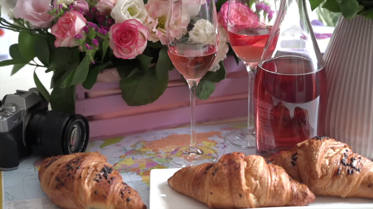 Close up of croissants and glasses of rose on a table with a pink basket of flowers