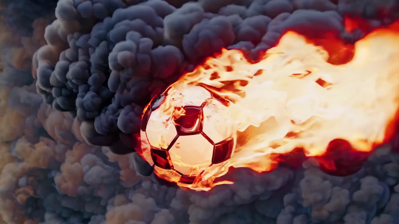 Concept video dinamico di un pallone da calcio infuocato che vola attraverso il fumo, ripreso da una angolazione bassa